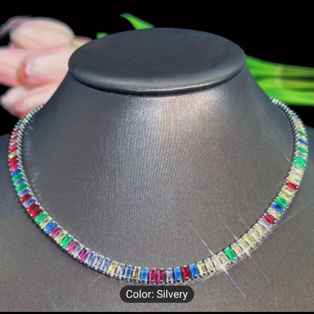 💙❤️NEW💙❤️ STUNNING!! Rectangle MULTI-COLOR CZ Necklace in SILVER Plating